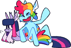 Size: 1800x1223 | Tagged: safe, artist:goatpaste, derpibooru import, rainbow dash, twilight sparkle, twilight sparkle (alicorn), alicorn, pegasus, pony, semi-anthro, arm hooves, duo, female, lesbian, shipping, simple background, twidash, white background