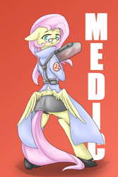 Size: 1000x1500 | Tagged: safe, artist:azurepicker, derpibooru import, fluttershy, pegasus, pony, bipedal, blushing, bonesaw, butt, butt wings, clothes, female, glasses, gradient background, high heels, looking back, mare, medic, plot, ponified, shoes, solo, species swap, team fortress 2, underwear, wings