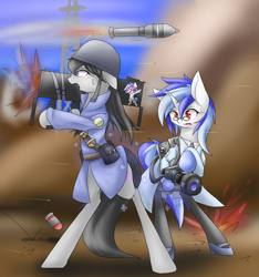 Size: 1500x1600 | Tagged: safe, artist:azurepicker, derpibooru import, dj pon-3, octavia melody, vinyl scratch, earth pony, pony, unicorn, bipedal, clothes, duo, female, high heels, hoof hold, mare, medic, medigun, ponified, rocket launcher, shoes, soldier, species swap, team fortress 2, weapon