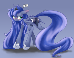 Size: 1800x1400 | Tagged: safe, artist:azurepicker, derpibooru import, princess luna, alicorn, pony, blushing, both cutie marks, butt, covering, dock, ethereal mane, ethereal tail, featureless crotch, female, gradient background, long legs, long mane, long tail, mare, moonbutt, pictogram, plot, slender, solo, tail, thin, wing covering, wings