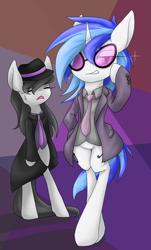 Size: 1600x2650 | Tagged: safe, artist:azurepicker, derpibooru import, dj pon-3, octavia melody, vinyl scratch, earth pony, pony, unicorn, abstract background, bipedal, clothes, duo, fedora, female, hat, high res, mare, necktie, pose, suit, trenchcoat, unamused