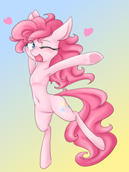 Size: 1200x1600 | Tagged: safe, artist:azurepicker, derpibooru import, pinkie pie, earth pony, pony, g4, armpits, belly, belly button, bipedal, cute, cute little fangs, diapinkes, fangs, female, gradient background, heart, mare, one eye closed, open mouth, open smile, smiling, solo, standing, standing on one leg, underhoof, wink