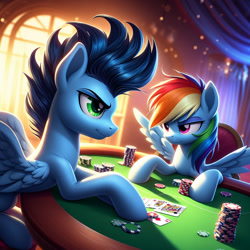 Size: 1024x1024 | Tagged: safe, ai content, derpibooru import, generator:bing image creator, machine learning generated, rainbow dash, soarin', pegasus, pony, eyebrows, female, gambling, male, mare, poker, prompter:*rainbow dash*, raised eyebrow, shipping, soarindash, spread wings, stallion, straight, table, token, window, wings