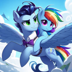 Size: 1024x1024 | Tagged: safe, ai content, derpibooru import, generator:bing image creator, machine learning generated, rainbow dash, soarin', pony, cloud, cloudy, female, flying, male, pony on pony action, prompter:*rainbow dash*, shipping, soarindash, spread wings, straight, wings