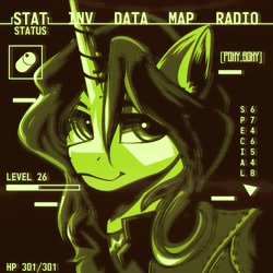 Size: 2400x2400 | Tagged: safe, artist:poxy_boxy, derpibooru import, oc, oc:dust trail, pony, unicorn, bust, commission, fallout, greenscale, high res, looking at you, monochrome, smiling, smiling at you, solo, text