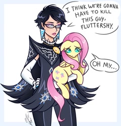 Size: 891x930 | Tagged: safe, artist:j.v_draws, derpibooru import, fluttershy, human, pegasus, pony, bayonetta, bayonetta (character), crossover, dialogue, ears, female, floppy ears, holding a pony, i think we're gonna have to kill this guy, mare, meme, oh my, simple background, witch