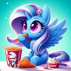 Size: 519x519 | Tagged: safe, ai content, derpibooru import, machine learning generated, trixie, alicorn, pony, g4, alicornified, alternate cutie mark, kfc, prompter:vanilla5751, race swap, solo, trixiecorn