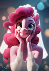 Size: 832x1216 | Tagged: safe, ai content, derpibooru import, generator:purplesmart.ai, generator:stable diffusion, machine learning generated, pinkie pie, anthro, earth pony, clothes, dress, solo, wedding dress