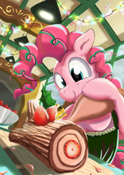 Size: 2480x3508 | Tagged: safe, artist:neoshrek, derpibooru import, pinkie pie, earth pony, pony, g4, christmas, christmas lights, food, happy, holiday, pastry, smiling, solo, strawberry, yule log