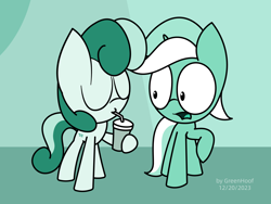 Size: 1920x1441 | Tagged: safe, artist:greenhoof, derpibooru import, bon bon, lyra heartstrings, sweetie drops, earth pony, pony, unicorn, comic:silly lyra, comic, drink, drinking, duo, role reversal, silly, silly lyra, style emulation, vector