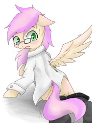 Size: 480x640 | Tagged: safe, artist:azurepicker, derpibooru import, human, pegasus, pony, clothes, ears, floppy ears, glasses, human to pony, looking back, pants, ripping clothes, shirt, simple background, sitting, species swap, transformation, white background