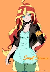 Size: 1668x2388 | Tagged: safe, artist:绮丽月虹, derpibooru import, part of a set, sunset shimmer, human, human coloration, humanized, orange background, simple background