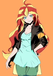 Size: 1668x2388 | Tagged: safe, artist:绮丽月虹, derpibooru import, part of a set, sunset shimmer, human, human coloration, humanized, orange background, simple background