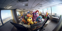 Size: 1536x768 | Tagged: safe, ai content, derpibooru import, generator:midjourney, machine learning generated, oc, pony, computer, drunk, office, photo, prompter needed, selfie, widescreen