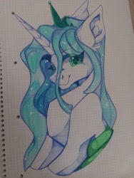 Size: 1536x2048 | Tagged: safe, artist:tessa_key_, derpibooru import, queen chrysalis, changedling, changeling, bust, changedling queen, graph paper, looking at you, purified chrysalis, smiling, smiling at you, solo, traditional art