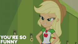 Size: 2000x1125 | Tagged: safe, derpibooru import, edit, edited screencap, editor:quoterific, screencap, applejack, equestria girls, equestria girls series, holidays unwrapped, spoiler:eqg series (season 2), arms, belt, breasts, bust, canterlot high, clothes, collar, cowboy hat, eyebrows, female, freckles, geode of super strength, hair, hallway, hand on hip, hat, high school, lidded eyes, lockers, magical geodes, o come all ye squashful, ponytail, raised eyebrow, school, shirt, smiling, solo, teenager, teeth