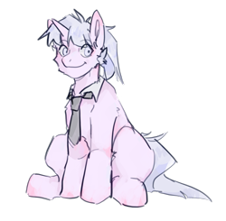 Size: 1277x1250 | Tagged: artist needed, safe, derpibooru import, oc, oc only, oc:ssk, pony, unicorn, 2024 community collab, clothes, derpibooru community collaboration, eyebrows, eyebrows visible through hair, necktie, shirt, simple background, sitting, solo, transparent background