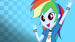 Size: 1280x720 | Tagged: safe, artist:octosquish7260, derpibooru import, rainbow dash, human, equestria girls, checkered background, clothes, female, gradient background, humanized, open mouth, open smile, smiling, solo