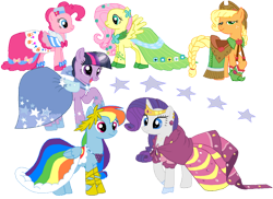 Size: 1024x747 | Tagged: safe, artist:majkashinoda626, derpibooru import, applejack, fluttershy, pinkie pie, rainbow dash, rarity, twilight sparkle, unicorn twilight, unicorn, applejack also dresses in style, clothes, dress, dressup, formal wear, gala dress, gown, mane six, pinkie pie's first gala dress, rainbow dash always dresses in style, rainbow dash's first gala dress, simple background, transparent background, twilight sparkle's first gala dress