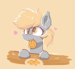 Size: 721x665 | Tagged: safe, artist:skylinepony_, derpibooru import, derpy hooves, pegasus, pony, g4, :3, blushing, bust, cookie, cute, derp, derpabetes, female, food, heart, mare, mouth hold, nom, portrait, simple background, smiling, solo