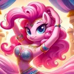 Size: 1024x1024 | Tagged: safe, ai content, derpibooru import, machine learning generated, pinkie pie, anthro, earth pony, belly dancer outfit, female, harem outfit, looking at you, mare, midriff, prompter:princessoflovepinkyt, smiling, smiling at you