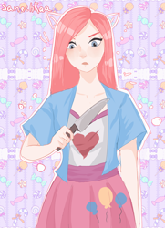 Size: 3014x4174 | Tagged: safe, artist:sanechkaa, derpibooru import, pinkie pie, human, alternate hairstyle, clothes, female, humanized, kitchen knife, knife, pinkamena diane pie, shirt, skirt, solo, t-shirt, vest