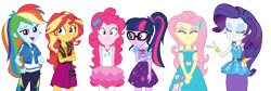 Size: 2223x750 | Tagged: safe, artist:ponyparodycontent, derpibooru import, edit, edited screencap, screencap, applejack, fluttershy, pinkie pie, rainbow dash, rarity, sci-twi, sunset shimmer, twilight sparkle, better together, equestria girls, holidays unwrapped, background removed, clothes, cutie mark on clothes, eyes closed, eyeshadow, fluttershy boho dress, hoodie, jacket, makeup, not a vector, o come all ye squashful, offscreen character, pov, rah rah skirt, rarity peplum dress, shirt, simple background, skirt, tanktop, transparent background