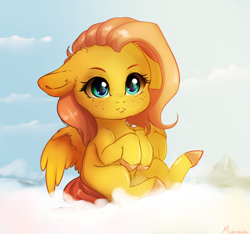 Size: 2398x2240 | Tagged: safe, artist:miokomata, derpibooru import, fluttershy, pegasus, pony, cloud, cute, daaaaaaaaaaaw, ears, female, filly, filly fluttershy, floppy ears, foal, freckles, freckleshy, high res, looking at you, mare, missing cutie mark, on a cloud, shyabetes, signature, sitting, sitting on cloud, solo, younger