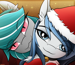 Size: 2300x2000 | Tagged: safe, artist:andaluce, derpibooru import, oc, oc only, oc:haze northfleet, oc:malachite cluster, bat pony, pegasus, :3, bell, bell collar, christmas, clothes, collar, cute, duo, ear fluff, ears, hat, holiday, jingle bells, ocbetes, santa hat, socks