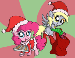 Size: 4158x3246 | Tagged: safe, artist:background basset, derpibooru import, derpy hooves, pinkie pie, earth pony, pegasus, pony, abstract background, christmas, clothes, cookie, cute, derpabetes, diapinkes, dress, food, gingerbread (food), hat, holiday, open mouth, present, santa hat, smiling, socks