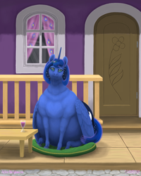 Size: 1000x1250 | Tagged: safe, artist:soobel, derpibooru import, princess luna, alicorn, pony, cushion, fat, female, glass, mare, obese, porch, princess moonpig, sitting, solo, wine glass