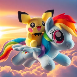 Size: 1024x1024 | Tagged: safe, ai content, derpibooru import, machine learning generated, rainbow dash, pegasus, pony, g4, duo, female, flying, mare, pichu, plushie, pokémon, prompter:morishy1000