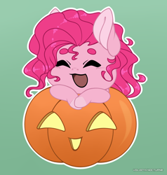 Size: 1428x1500 | Tagged: safe, artist:volodyanocturne, derpibooru import, pinkie pie, earth pony, pony, g4, chibi, commission, crossed hooves, eyebrows, eyes closed, gradient background, halloween, holiday, jack-o-lantern, open mouth, pink coat, pink hair, pumpkin, solo, ych result