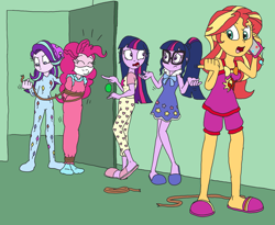 Size: 3471x2846 | Tagged: safe, artist:bugssonicx, derpibooru import, pinkie pie, sci-twi, starlight glimmer, sunset shimmer, twilight sparkle, human, equestria girls, beanie, bewildered expression, bondage, bound and gagged, cloth gag, clothes, footed sleeper, footie pajamas, gag, glasses, hat, nightgown, onesie, over the nose gag, pajamas, phone, pointing, rope, rope bondage, shocked, shocked expression, shorts, shrug, shrugging, sleepover, slippers, slumber party, socks, tied up, untying