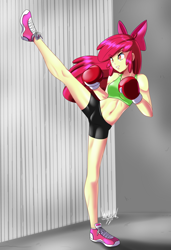 Size: 3077x4500 | Tagged: source needed, useless source url, safe, artist:danmakuman, derpibooru import, apple bloom, human, belly, belly button, boxing gloves, clothes, fit, humanized, image, imported from twibooru, kickboxing, kicking, martial arts, png, shorts, slender, solo, thin