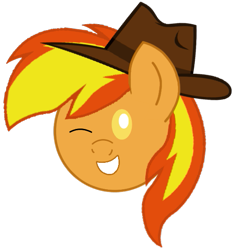 Size: 531x568 | Tagged: safe, artist:noi kincade, derpibooru import, oc, oc only, oc:firey ratchet, g4, chibi, fedora, hat, head, male, one eye closed, simple background, smiling, solo, transparent background, wink