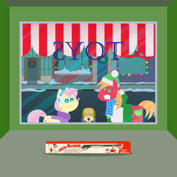 Size: 2160x2160 | Tagged: safe, anonymous artist, derpibooru import, big macintosh, fluttershy, oc, oc:late riser, earth pony, pegasus, pony, series:fm holidays, series:hearth's warming advent calendar 2023, g4, advent calendar, against glass, alternate hairstyle, baby, baby pony, bb gun, big eyes, christmas, christmas lights, christmas wreath, clothes, colt, female, fluttermac, foal, frown, glass, gritted teeth, hat, high res, holiday, hooves behind head, jacket, lineless, looking through the window, male, mare, offspring, parent:big macintosh, parent:fluttershy, parents:fluttermac, pointy ponies, puffy cheeks, scarf, shipping, short mane, snow, squishy cheeks, stallion, straight, striped scarf, sweater, teeth, toy store, window, winter, winter clothes, wreath