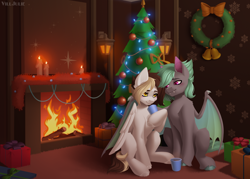 Size: 2800x2000 | Tagged: safe, artist:villjulie, derpibooru import, oc, oc only, bat pony, pegasus, pony, bat pony oc, candle, christmas, christmas tree, christmas wreath, fire, fireplace, holiday, hug, pegasus oc, present, tree, winghug, wings, wreath