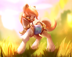 Size: 2867x2245 | Tagged: safe, artist:itssim, derpibooru import, oc, oc only, earth pony, pony, bag, bridle, commission, earth pony oc, female, fluffy, grass, harness, high res, mare, mouth hold, outdoors, raised hoof, raised leg, saddle bag, solo, tack