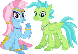 Size: 5757x4000 | Tagged: safe, artist:parclytaxel, derpibooru import, oc, oc only, oc:bottlegriff, oc:wishgriff, classical hippogriff, hippogriff, g4, .svg available, 2024 community collab, absurd resolution, bracelet, circlet, clothes, derpibooru community collaboration, duo, female, genie, grin, jewelry, leggings, looking at you, male, not silverstream, not terramar, simple background, sitting, smiling, smiling at you, thumbs up, transparent background, vector, wing jewelry, wings