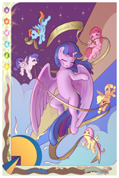 Size: 2178x3266 | Tagged: safe, artist:stratodraw, derpibooru import, applejack, discord, fluttershy, pinkie pie, rainbow dash, rarity, twilight sparkle, twilight sparkle (alicorn), alicorn, draconequus, pegasus, unicorn, g4, belly, eyes closed, flapplejack, flying, large wings, mane six, mouth hold, partially open wings, pegasus pinkie pie, pegasus rarity, race swap, solo, wings