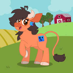 Size: 1500x1500 | Tagged: safe, artist:rgbovine_art, derpibooru import, oc, oc:robertapuddin, cow, barn, blushing, cowberta, cowified, crops, cute, farm, happy, open mouth, open smile, raised hoof, raised leg, smiling, species swap, transformation, tree