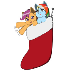Size: 2000x2000 | Tagged: safe, artist:erein, derpibooru import, scootaloo, oc, oc:azure, pegasus, pony, g4, christmas, christmas presents, christmas stocking, colored, commission, cute, duo, ears up, female, flat colors, gray eyes, happy, holiday, multicolored hair, parents:canon x oc, pegasus oc, present, simple background, smiling, white background