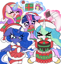 Size: 4000x4198 | Tagged: safe, artist:arwencuack, derpibooru import, princess cadance, princess celestia, princess luna, twilight sparkle, twilight sparkle (alicorn), alicorn, pony, g4, :3, alicorn tetrarchy, angry, blushing, cake, cakelestia, christmas, christmas stocking, clipboard, clothes, commission, costume, crossed arms, crossed hooves, cute, cute little fangs, cutedance, cutelestia, dress, ear fluff, ears, ears back, eye clipping through hair, eyebrows, eyebrows visible through hair, eyes closed, fangs, female, floppy ears, food, group, happy, hat, heart, heart eyes, holiday, laughing, levitation, luna is not amused, lunabetes, madorable, magic, mare, quartet, santa costume, santa hat, scroll, skirt, socks, spread wings, striped socks, teary eyes, telekinesis, twiabetes, unamused, wingding eyes, wings