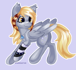 Size: 674x618 | Tagged: safe, artist:vtya, derpibooru import, derpy hooves, pegasus, pony, g4, alternate hairstyle, blonde, blonde mane, blonde tail, cross-eyed, emo, eyelashes, eyeliner, feathered wings, female, folded wings, gray coat, jewelry, makeup, necklace, pegasus wings, purple background, simple background, sock, solo, stars, studded bracelet, tail, wings