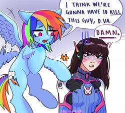 Size: 1959x1778 | Tagged: safe, artist:seraulody, derpibooru import, rainbow dash, human, pegasus, pony, g4, crossover, d.va, dialogue, disappointed, duo, duo female, emanata, female, flapping wings, flying, hoof on shoulder, i think we're gonna have to kill this guy, mare, meme, overwatch, sweat, sweatdrop, wings