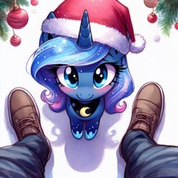 Size: 1024x1024 | Tagged: safe, ai content, derpibooru import, generator:dall-e 3, machine learning generated, princess luna, alicorn, human, pony, g4, blushing, christmas, christmas ball, christmas tree, clothes, cute, female, female focus, filly, foal, hat, holiday, hoof shoes, legs, looking at you, looking up, looking up at you, lunabetes, offscreen character, offscreen human, pants, peytral, pov, prompter needed, santa hat, shoes, smiling, smiling at you, solo focus, tree, woona, younger