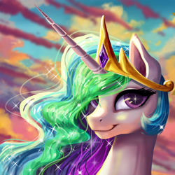 Size: 3300x3300 | Tagged: safe, artist:allegrenix, derpibooru import, princess celestia, alicorn, pony, g4, bust, crown, jewelry, portrait, regalia, smiling, solo