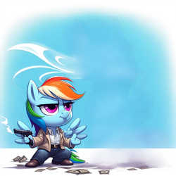 Size: 1024x1024 | Tagged: safe, ai content, derpibooru import, generator:bing image creator, machine learning generated, rainbow dash, anthro, g4, chibi, clothes, gun, handgun, lidded eyes, money, pants, pistol, prompter:*rainbow dash*, rainbow dash is best facemaker, shoes, weapon