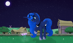 Size: 1596x955 | Tagged: safe, artist:xodok, derpibooru import, princess luna, alicorn, pony, series:ponyashnost, g4, flower, house, jewelry, moon, night, smiling, stars, tree, windmill